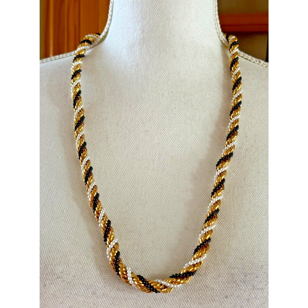 Vtg KJL Twisted Tri Strand Rope Chain Necklace Gold Tone Black Pearl 28" Heavy